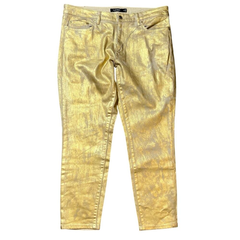Lauren Ralph Lauren Metallic Painted Gold Skinny Jeans - 16